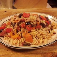 A picture of Shrimp Pasta a la Carbonara with Peppers and Mushrooms.