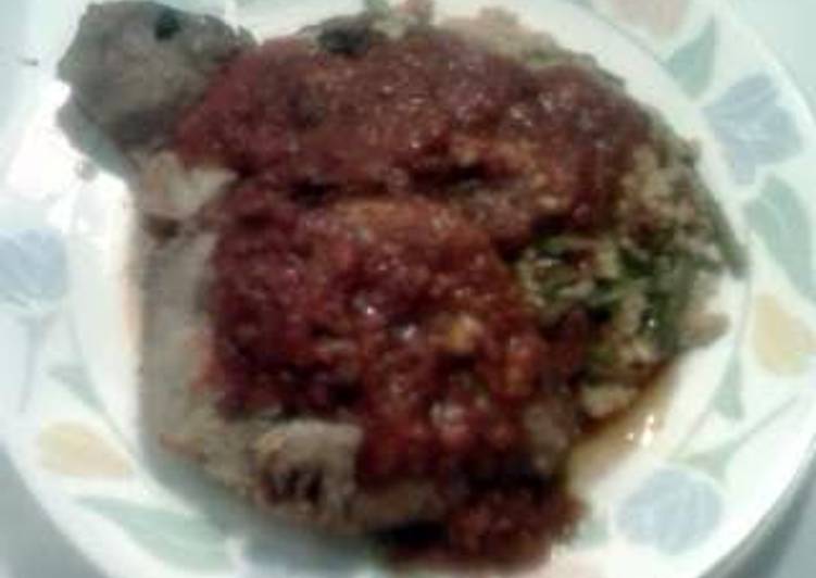 Recipe of Super Quick Homemade Bacon &amp; provolone stuffed pork roast topped w bacon &amp; Stew tomato flvr brown rice w gr beans!