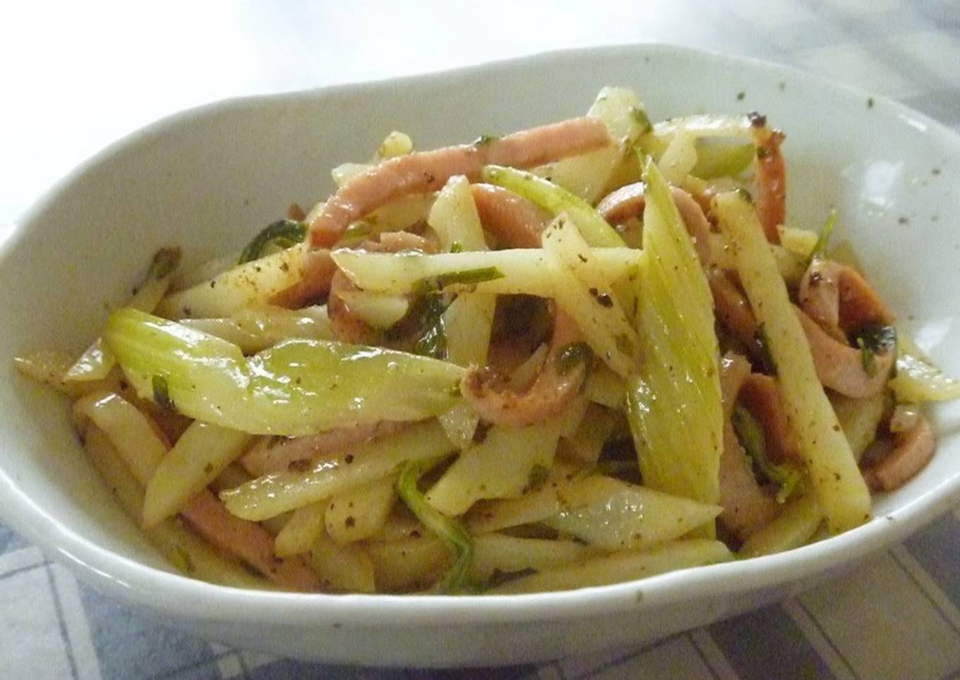 Stir-Fried Celery & Potato with Grainy Mustard, Mayo, and Soy Sauce
