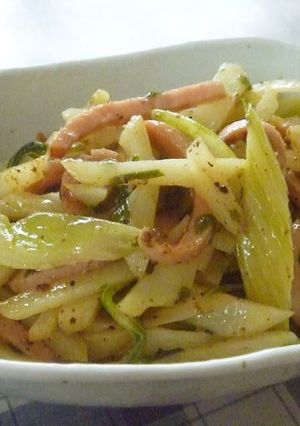 A picture of Stir-Fried Celery & Potato with Grainy Mustard, Mayo, and Soy Sauce.