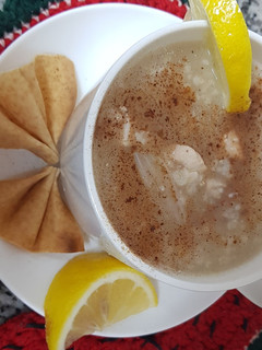 A picture of Oatmeal Soup with Chicken Breast.