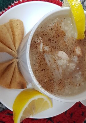 A picture of Oatmeal Soup with Chicken Breast.