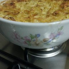 A picture of The best salmon pasta bake.
