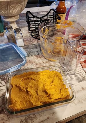 A picture of Carrot Sriracha Hummus.