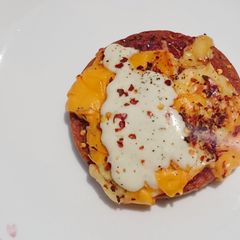 Spam Pizza Top Blue Cheese Sauce A picture of Spam Pizza Top Blue Cheese Sauce.