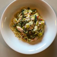 A picture of Salmon, Leek & Bean Pasta.