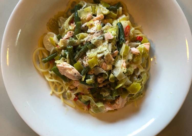 Recipe of Speedy Salmon, Leek &amp; Bean Pasta