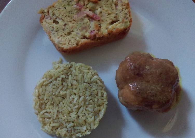 Cake de brócoli, arroz con pesto y paupiette de cerdo