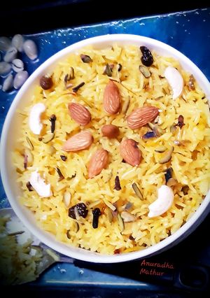 A picture of Kesariya Bhaat (Saffron Rice).