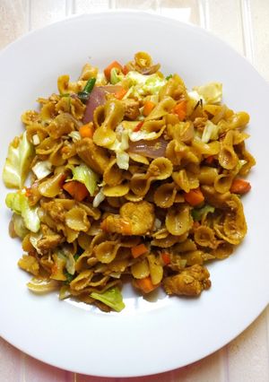 A picture of Stir fried veggie bowtie pasta.