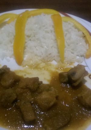 A picture of Stewed pork served with white rice.