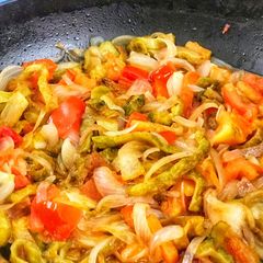 A picture of Piyaz karela or karela ki sabzi.