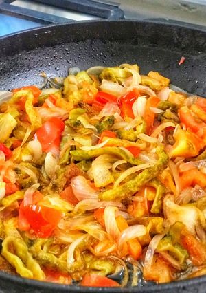 A picture of Piyaz karela or karela ki sabzi.