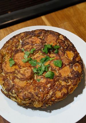 A picture of Sweet potato, red onion and cheese Spanish omelette Tortilla.