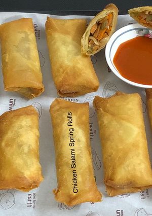 A picture of Chicken Salami Spring Rolls.