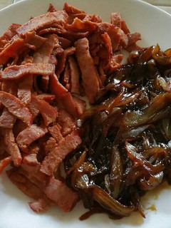 A picture of Pan Fried Turkey Bacon and Carmelized Onions Side Dish.