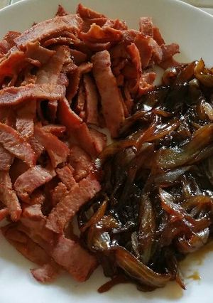 A picture of Pan Fried Turkey Bacon and Carmelized Onions Side Dish.