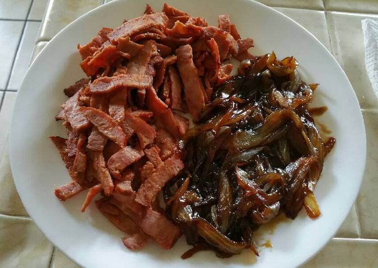 Recipe of Quick Pan Fried Turkey Bacon and Carmelized Onions Side Dish