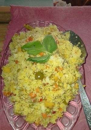 عکسی از دستور پلو سبزیجات،با طعم گوجه فرنگی.🍅🌶️🥕🌽🫛🥦🧄🧅🍄‍🟫🥔