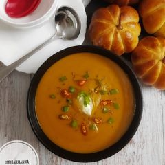 A picture of Cream of Lentil and Pumpkin Soup.
