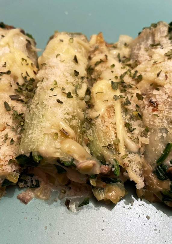 Una foto de Canelones de puerro con relleno cremoso