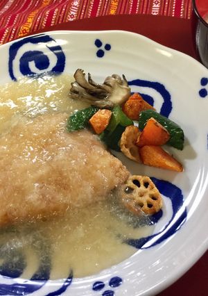 A picture of Japanese Fried Fish with Daikon sauce.