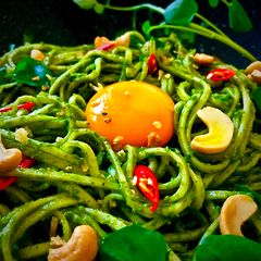 Watercress Cashew Pesto Noodles Stir-fried A picture of Watercress Cashew Pesto Noodles Stir-fried.