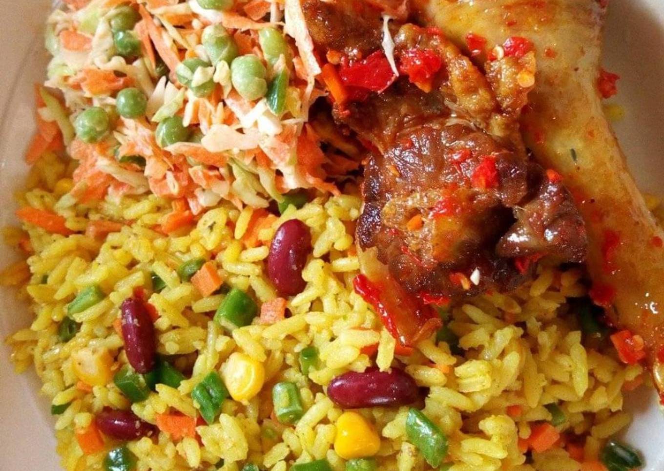 Fried rice,salad and fried chicken
