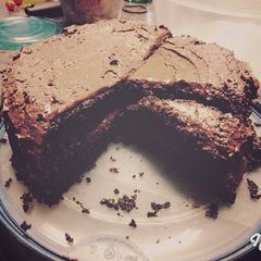 A picture of 2 layer chocolate cake.
