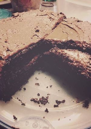 A picture of 2 layer chocolate cake.