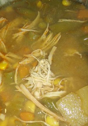 A picture of Chicken and veggie soup.