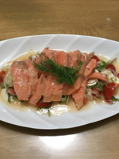 A picture of Instant Tea-Smoked Salmon with Tomato Marinade Sauce.