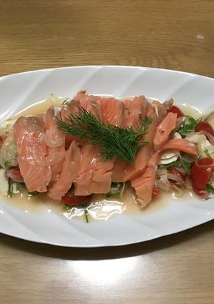 A picture of Instant Tea-Smoked Salmon with Tomato Marinade Sauce.