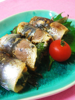 A picture of Grilled Sardine Rolls with Umeboshi and Shiso Leaves.