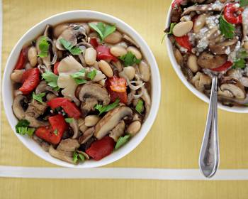 Fresh, Prepare Recipe Ragout of Mixed Mushrooms Roasted Red Peppers and Cannellini Beans over GarlicParmesan Grits Savory Delicious