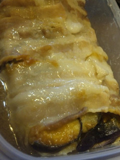 A picture of Layered and Steamed Pork Belly with Aubergine and Cabbage with Miso Flavour.