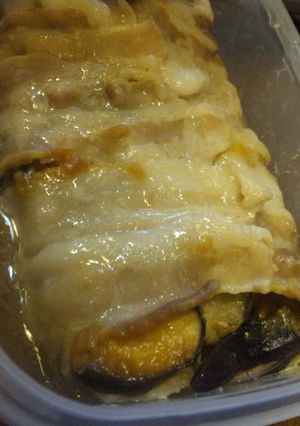 A picture of Layered and Steamed Pork Belly with Aubergine and Cabbage with Miso Flavour.
