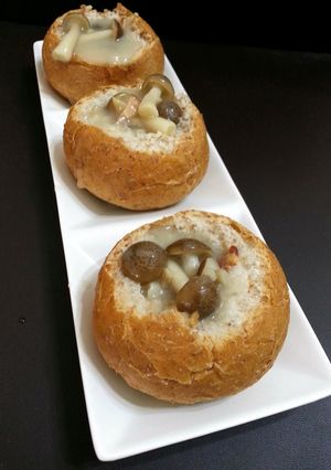 A picture of LG SHIMEJI MUSHROOM SOUP ON WHOLEMEAL BUN.