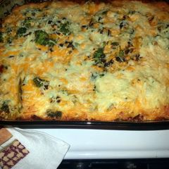 A picture of Eggplant and Broccoli Parmesan (with meat substitute).