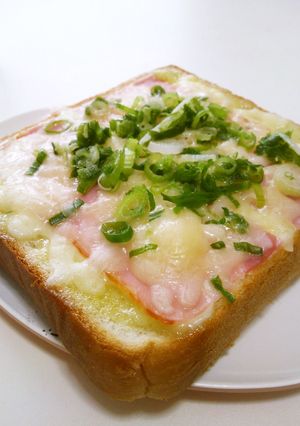 A picture of Toast with Wasabi Mayonnaise Bacon and Green Onion.