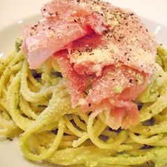 A picture of Cured Ham and Avocado Green Pasta.