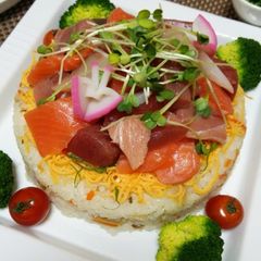 Doll's Festival Seafood Chirashi Sushi Cake A picture of Doll's Festival Seafood Chirashi Sushi Cake.