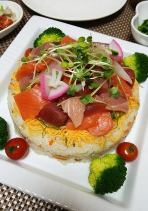 A picture of Doll's Festival Seafood Chirashi Sushi Cake.