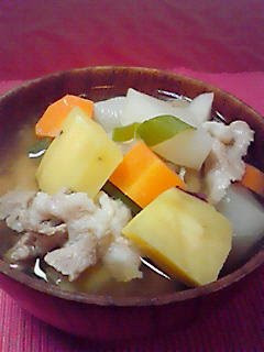 A picture of Pork Miso Soup with Sweet Potatoes.