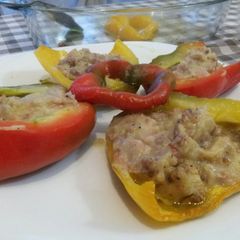 A picture of AMIEs Peppers Stuffed with Sausage and Mashed Potatoes.