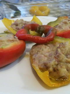 A picture of AMIEs Peppers Stuffed with Sausage and Mashed Potatoes.