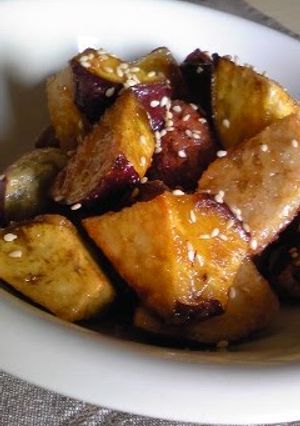 A picture of Non-Fried but Crispy Candied Sweet Potatoes.