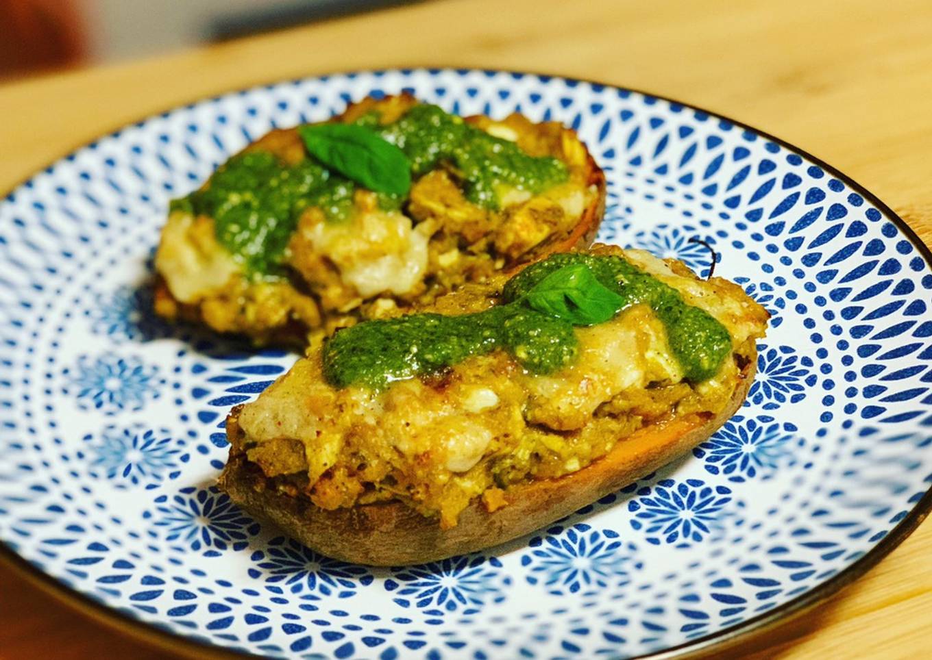 Boniato relleno de pollo al pesto🌱🍠