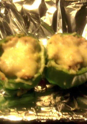 A picture of Roasted Green Peppers with Tuna & Brown Rice.