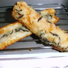 A picture of Fried Chikuwa Fishcake Sticks and Hijiki Seaweed using Flour and Potato.